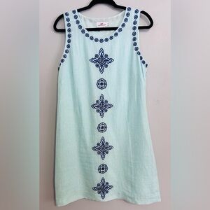 Vineyard Vines Embroidered Linen Dress 10 Blue Mint Sleeveless Resort Summer